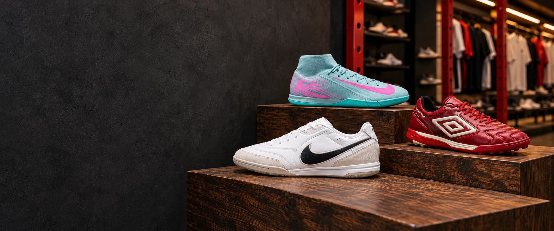 Três chuteiras em caixotes de madeira dentro da loja: a Nike Mercurial azul-claro e rosa, a Nike Tiempo branca e a Umbro vermelha