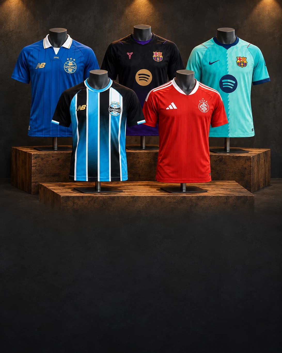Cinco camisas de time em manequins sobre caixotes de madeira: duas do Grêmio, a do Inter e duas do Barcelona